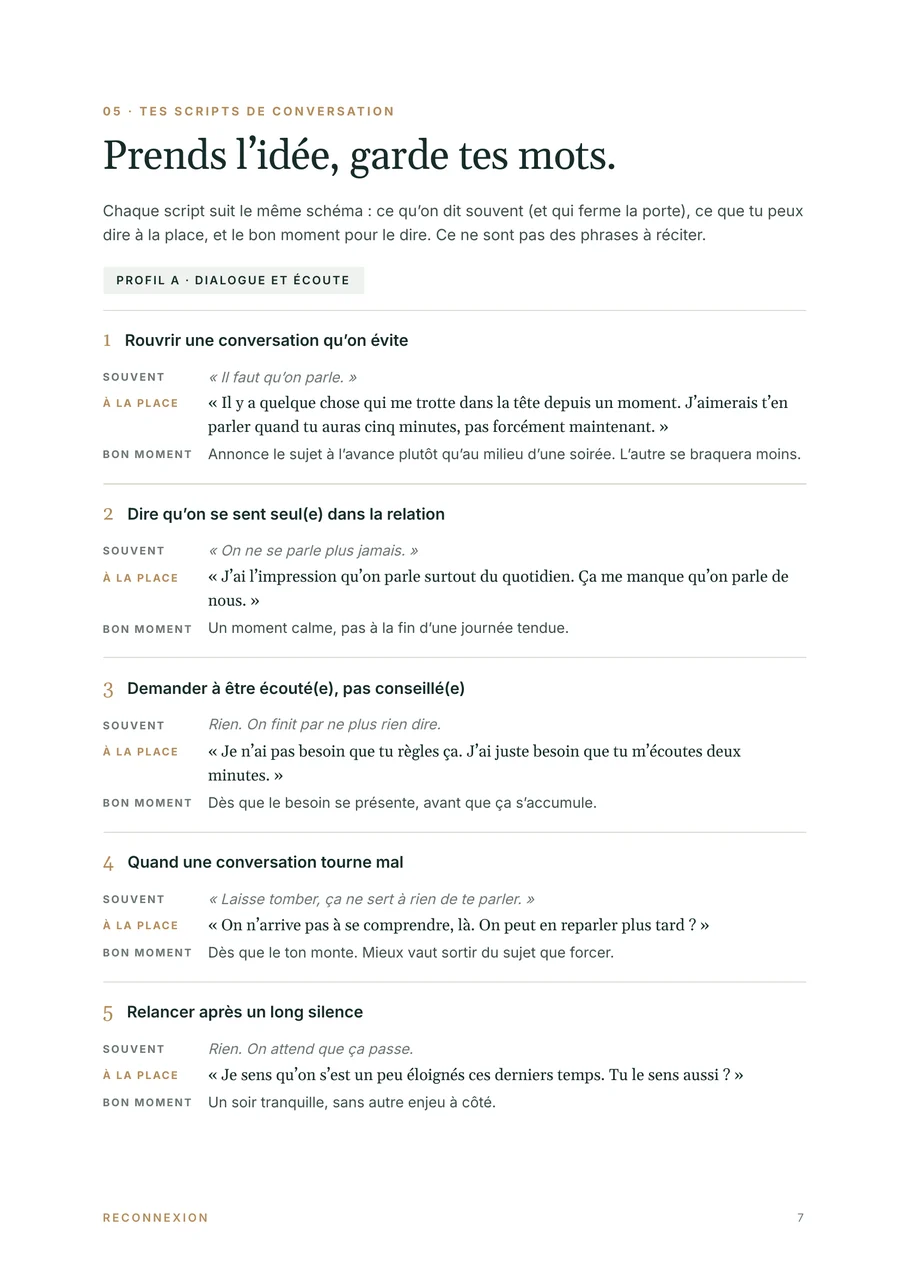 Début d'une page de scripts du kit : « Prends l'idée, garde tes mots », avec le premier script de conversation